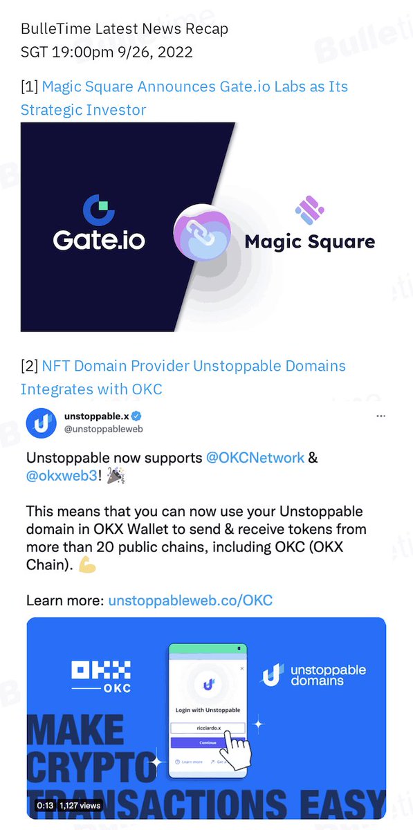 bulletimexyz's tweet photo. 🔥Latest News Highlights🔥
1⃣Magic Square Announces https://t.co/gds1vk1uzw Labs as Its Strategic Investor.
2⃣NFT Domain Provider Unstoppable Domains Integrates with OKC.
Full Recap: 👉https://t.co/ruS6ovFlen
#Bulletime #web3 #nft https://t.co/vwSSkTve8i