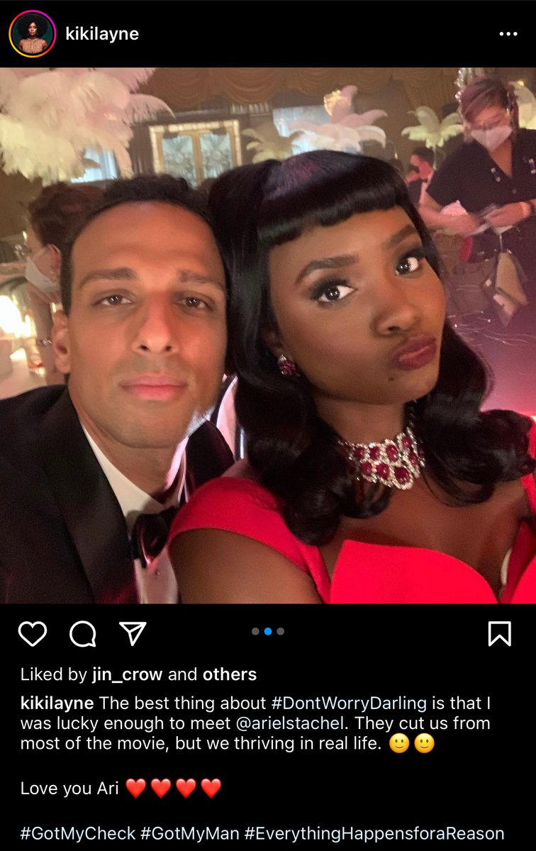 fuzzyyarns's tweet photo. Kiki Layne’s rightly indignant. Her “role” in Olivia Wilde’s DON’T WORRY DARLING is terrible - a prop in Florence Pugh’s journey. If previously cast Dakota Johnson were in the part, it wouldn’t be this throwaway #GotMyCheck #GotMyMan #EverythingHappensforaReason #DontWorryDarling https://t.co/0512zio4sQ