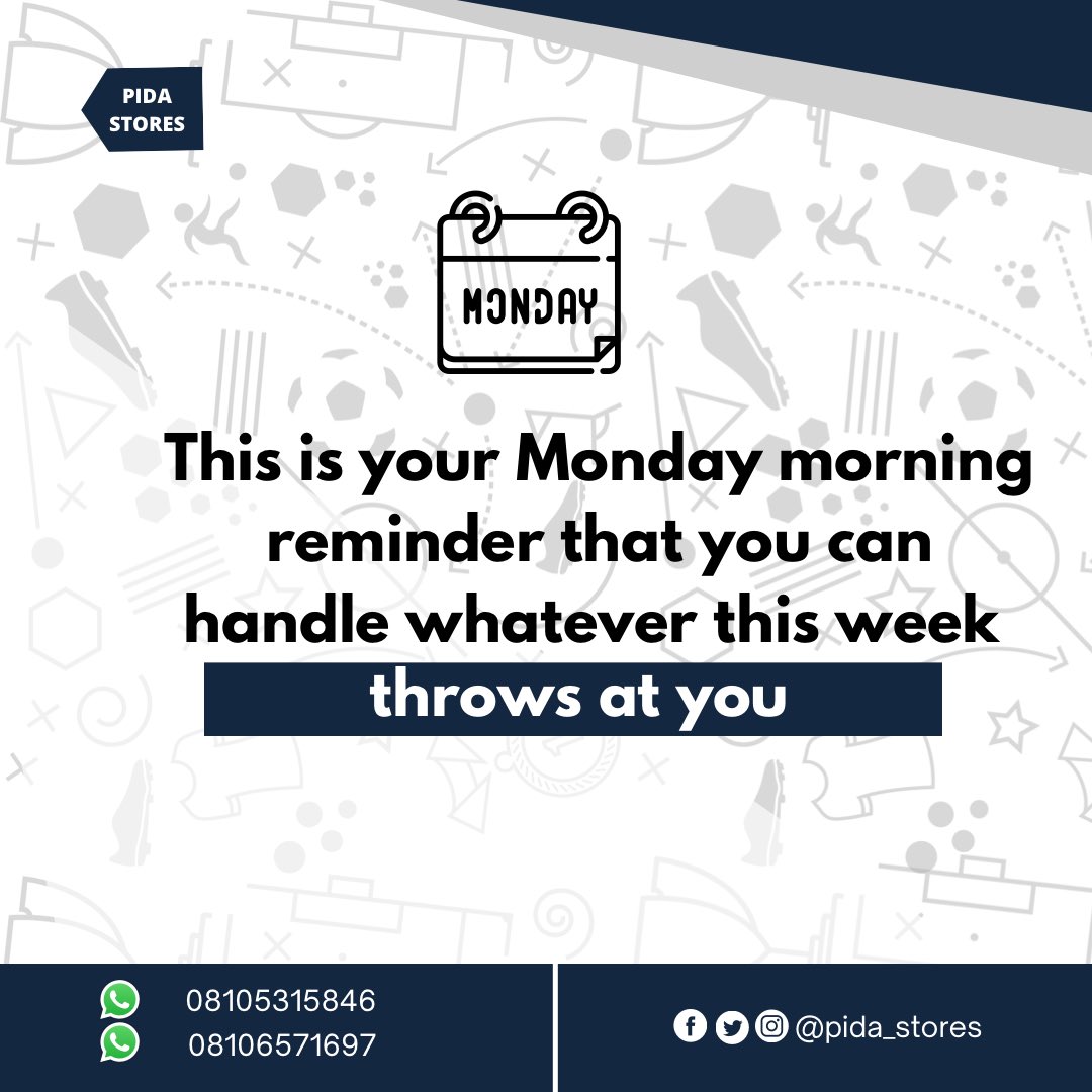 pida_stores's tweet photo. Cheers to a new week
Remember you’ve got all it takes to smash 💥 your goals for the week
Shop with us today! 📲:
08105315846 / 08106571697
.
@pida__stores
.
#pidamotivation #mondaymotivation #style #shopwithpida #fashion
#Dripdifferent #PIDA #Pidastores #pluginxmedia https://t.co/VNKJuw6vGg