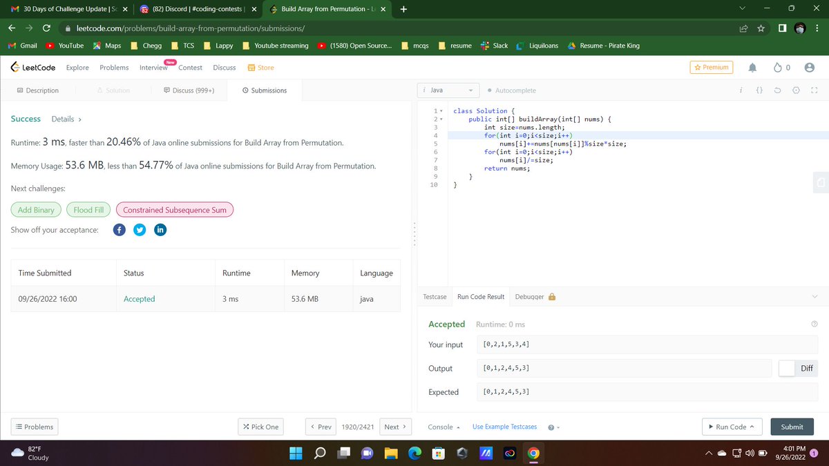 AbuoTecho's tweet photo. Day 1/30
30 Days of Code Challenge by
@scaler_official 
Leetcode Problem: 1920 - Build Array from Permutation
#scaler30doc #30daysofcode https://t.co/8BSoZQaqYx