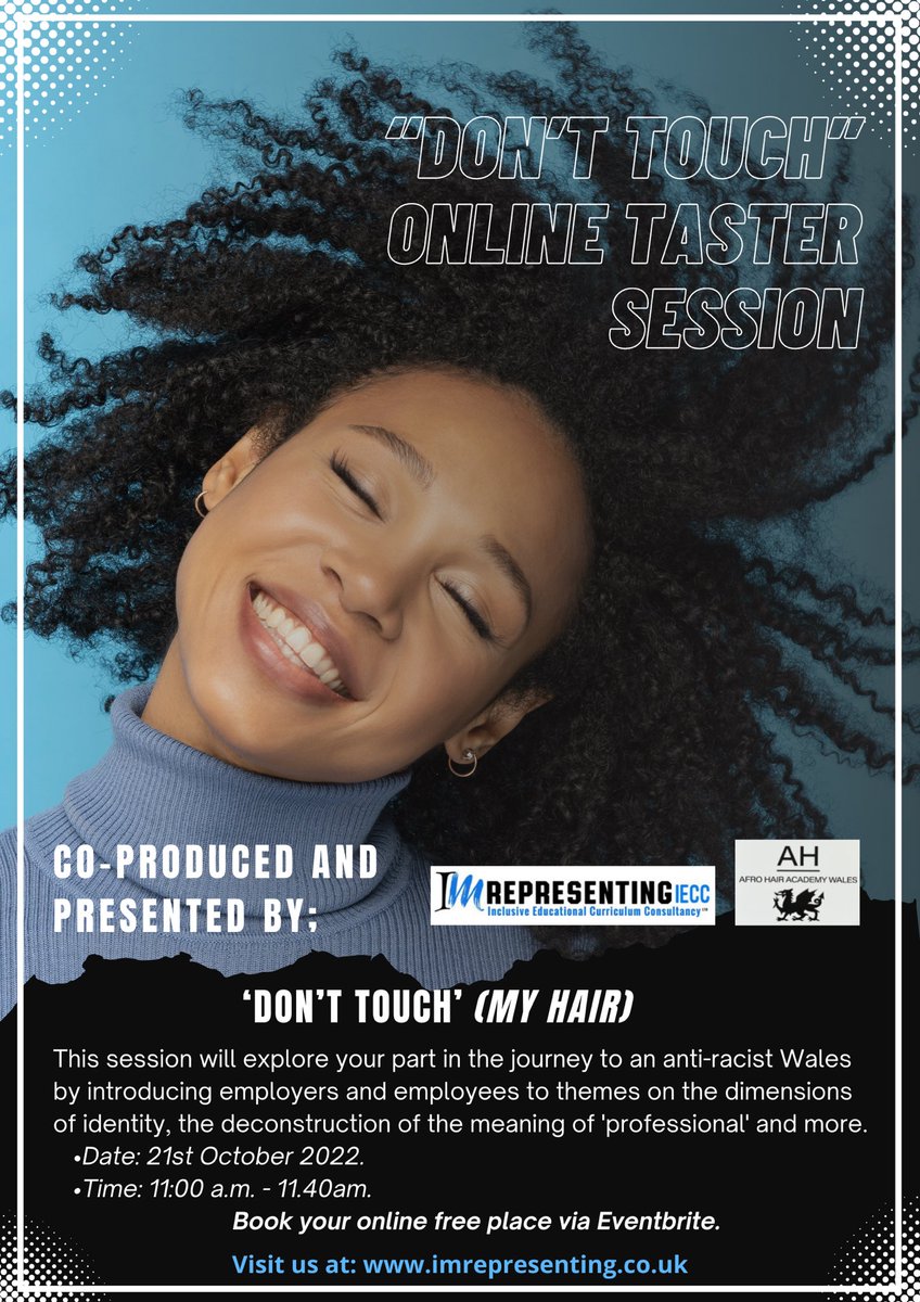 eventbrite.com/e/425622728037

Live to book! If you are an employee, employer of paid staff, volunteers and apprentices please book your free space. 
#hairdiscrimination #professionalboundaries #antiracistwales #inclusiveworkingcultures
#business 
#organisations
#employers