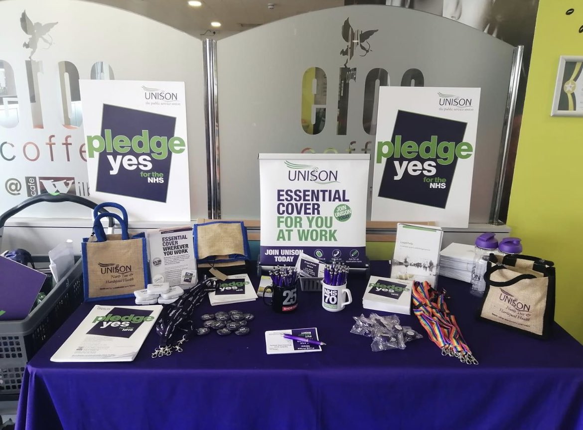 UNISONNTeesHpol's tweet photo. We are all set up at North Tees Canteen and will also be visiting departments.
Pop down and say hello, pick up some freebies and find out more about NHS Pay and Pledge Yes for the NHS 💜💚
#pledgeYES #joinUNISON https://t.co/i0W58iGklQ https://t.co/kzxFzumR3H