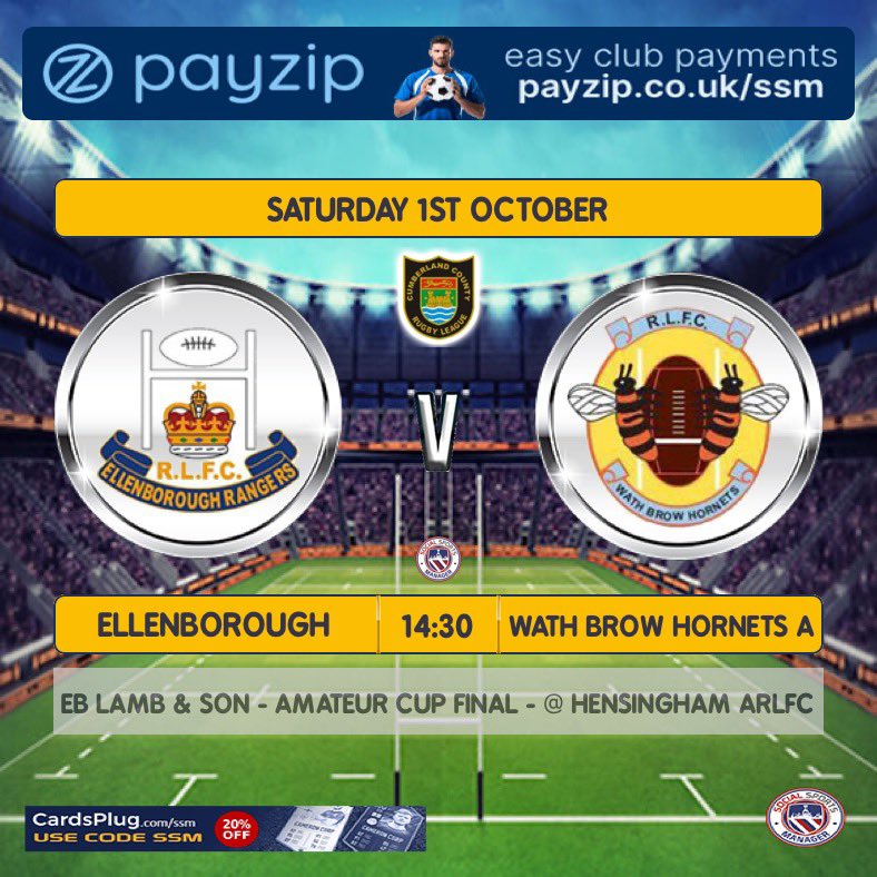 Back to it this weekend 🏉👍🏻

EB Lamb &amp; Son Amateur Cup Final 🏆

<a href="/ElbraRangers/">Elbra Rangers ARLFC</a> v <a href="/WathBrowHornets/">Wath Brow Hornets</a> 

📅 Saturday 1st October 2022
⏰ 2.30pm KO
🏟 <a href="/hensingham_arl/">Hensingham ARL</a> 

Get up &amp; support the lads 👏🏻

<a href="/CarlCumbria2017/">Cumbria ARL</a> 
<a href="/CumbriaRLRefs/">Cumberland RL Refs</a> 
<a href="/bbccumbriasport/">BBC Sport Cumbria</a>