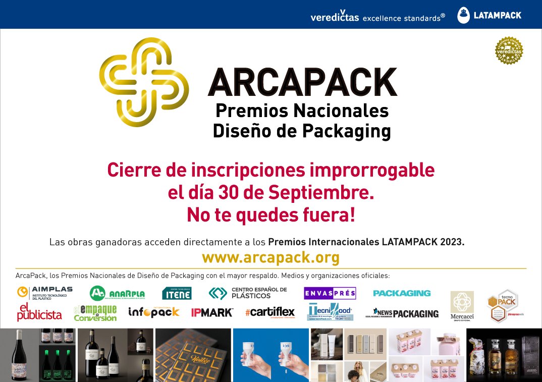 ATENCIÓN!!
Aún estás a tiempo de inscribir tus mejores obras de diseño de #packaging en los premios ARCAPACK en arcapack.org