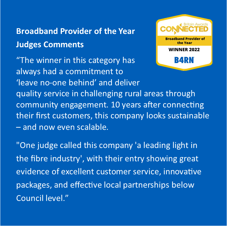 dig2agig's tweet photo. Broadband Provider of the Year
The #teamB4RN is delighted to be described as a "leading light" of the fibre industry by the judges at #ConnectedBritain.
These words are testament to our #volunteers, landowners, investors, customers, staff and contractors. https://t.co/K9VEagHaA6