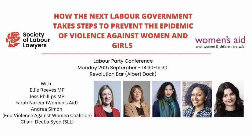 At #LabourConference2022?? I’ll be chairing this discussion on how preventing violence against women and girls at 2:30pm with @elliereeves @jessphillips @FarahNazeer and @AndreaSimon48 of @womensaid & @EVAWuk for @SocLabLaw - do come join