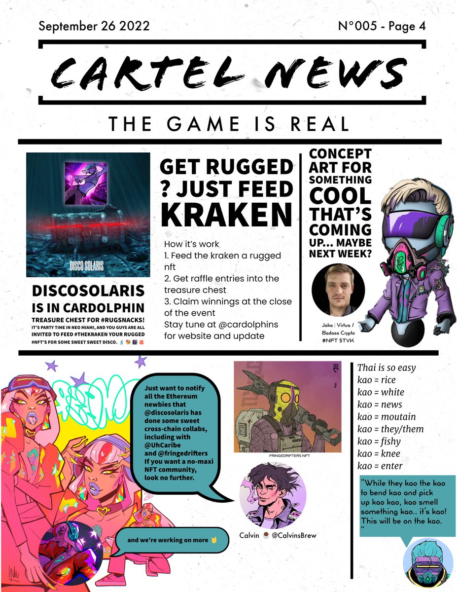 Discoinsider's tweet photo. Cartel news issue 5 / 26-9-22

- IRL bug brew by @AdaCoffeeClub 
- sneakpeak by @Duo_NFT
- feed kraken  by @Cardolphins 
- virtual concept art by @badass_crypto 
- the vandal's pursuit pt.2 @DiscoVandal and @raptorsada 
- @cnftmogul poker every sunday 

#cnft #discosolaris https://t.co/zpK5xuq9XF