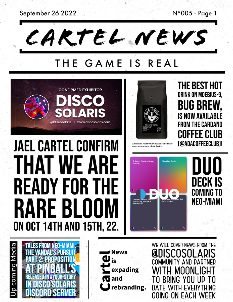 Discoinsider's tweet photo. Cartel news issue 5 / 26-9-22

- IRL bug brew by @AdaCoffeeClub 
- sneakpeak by @Duo_NFT
- feed kraken  by @Cardolphins 
- virtual concept art by @badass_crypto 
- the vandal's pursuit pt.2 @DiscoVandal and @raptorsada 
- @cnftmogul poker every sunday 

#cnft #discosolaris https://t.co/zpK5xuq9XF