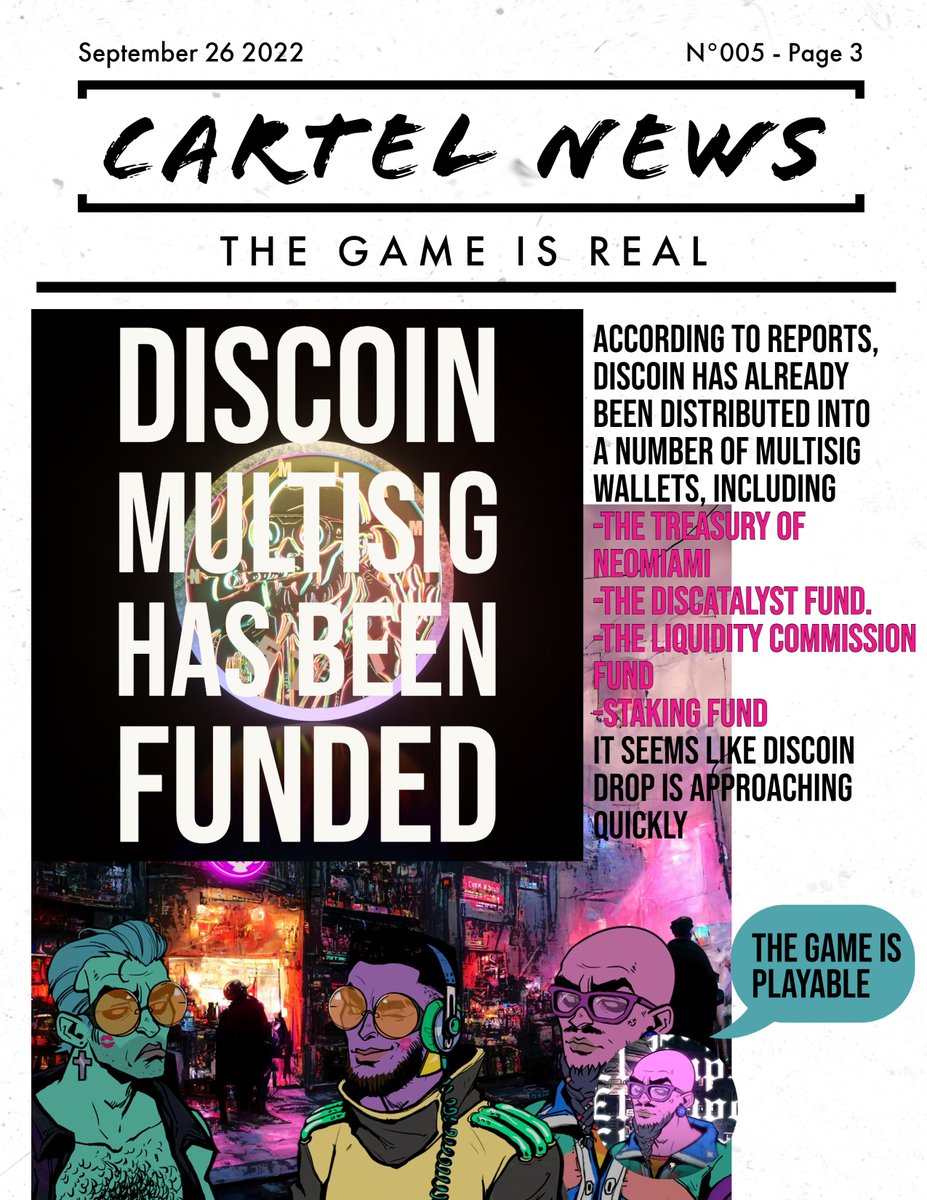 Discoinsider's tweet photo. Cartel news issue 5 / 26-9-22

- IRL bug brew by @AdaCoffeeClub 
- sneakpeak by @Duo_NFT
- feed kraken  by @Cardolphins 
- virtual concept art by @badass_crypto 
- the vandal's pursuit pt.2 @DiscoVandal and @raptorsada 
- @cnftmogul poker every sunday 

#cnft #discosolaris https://t.co/zpK5xuq9XF