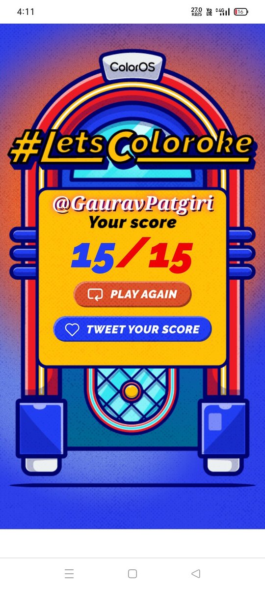 GauravPatgiri's tweet photo. @colorosglobal @Spotify I scored 15/15 on @colorosglobal's Jukebox Karaoke challenge. Can you beat me? #LetsColoroke #ColorOS13.

Hey @CallMeNivi, @AmlandeepK, @Pripaul96, @magicknown i challenged you all to do this fun task &amp; score a perfect 15/15! 😎

https://t.co/m1y0OalDTm https://t.co/5UrJm4zw5J