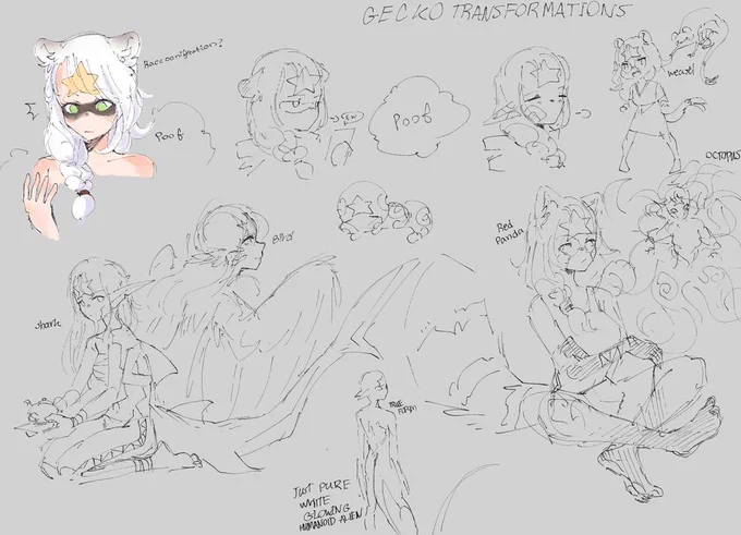 Idk if anyone remembers but my gecko OC is not really a Gecko. 
She is a shapeshifter who can transform into any other race representative by simply interacting with them.
I still really love this sketch page I did long ago so here ya go 