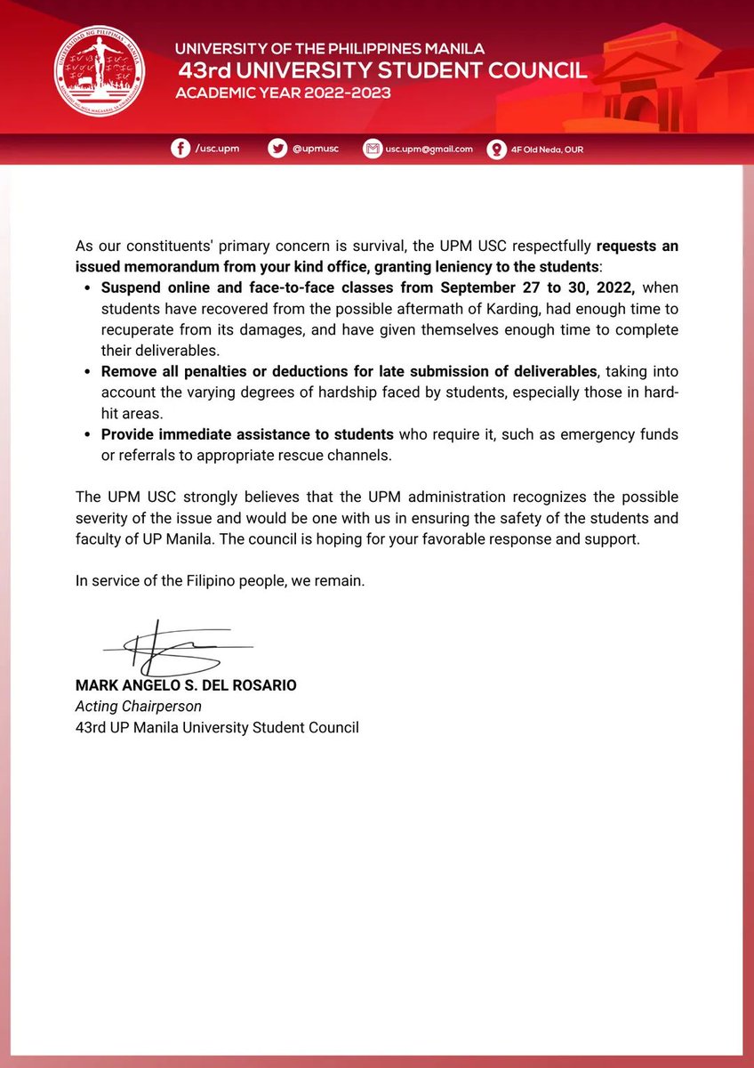 UPMUSC's tweet photo. Appeal for Academic Leniency re: Super Typhoon Karding

Even with the UPM USC's request to suspend classes for September 27, 2022 (Tuesday) being declined, another appeal for academic leniency was forwarded to the Office of the Chancellor and the OVCAA.

#KardingPH
#OneUPM https://t.co/JU1b10IHo7