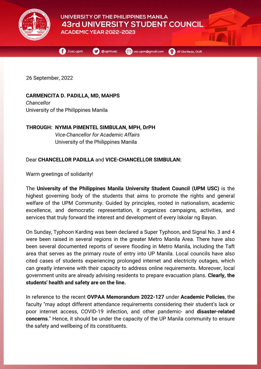 UPMUSC's tweet photo. Appeal for Academic Leniency re: Super Typhoon Karding

Even with the UPM USC's request to suspend classes for September 27, 2022 (Tuesday) being declined, another appeal for academic leniency was forwarded to the Office of the Chancellor and the OVCAA.

#KardingPH
#OneUPM https://t.co/JU1b10IHo7