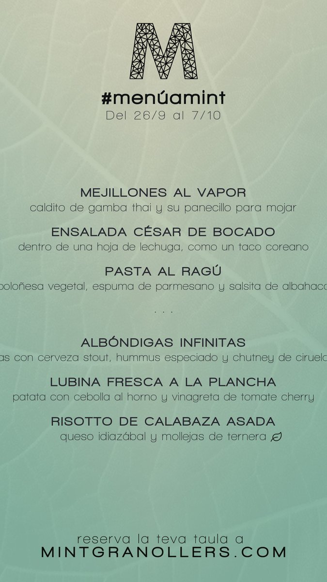 mintgranollers's tweet photo. El #menúamint: Del 26/9 al 7/10
El #menúenmint: Del 26/9 al 7/10
The #setlunchmenu: 26/9 through 7/10
Le #menúamint: Du 26 septembre au 07 octobre
#mint #restaurant #granollers https://t.co/OO6FJfK0Ec
