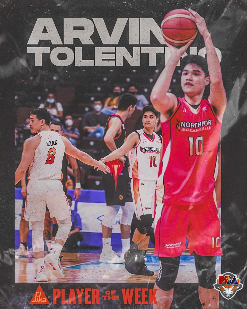 soriagaartworks's tweet photo. Northport's Arvin Tolentino is our PBA Player of the week!
Tolentino was everywhere in his first two games with the Batang Pier, scattering averages of 19.0 points, 8.0 rebounds, 4.0 assists, 2.5 blocks and 2.0 steals as the team split its first two games on opening week.

-  PBA https://t.co/S4lzGva3fu