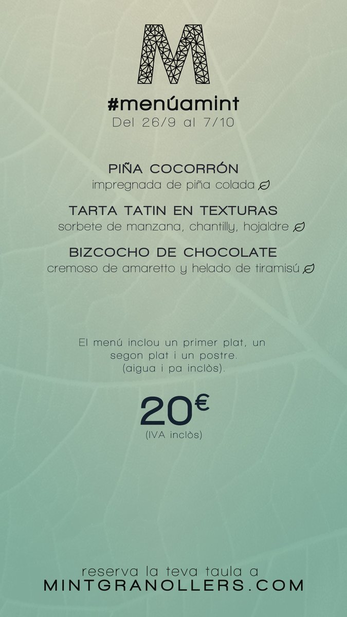 mintgranollers's tweet photo. El #menúamint: Del 26/9 al 7/10
El #menúenmint: Del 26/9 al 7/10
The #setlunchmenu: 26/9 through 7/10
Le #menúamint: Du 26 septembre au 07 octobre
#mint #restaurant #granollers https://t.co/OO6FJfK0Ec