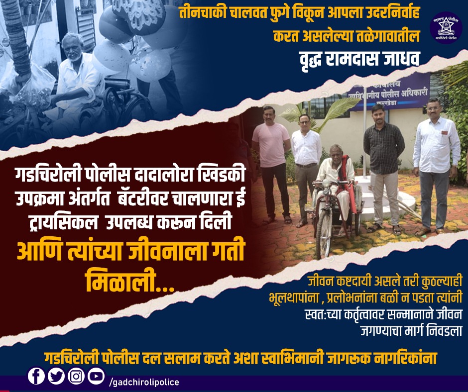SP_GADCHIROLI's tweet photo. तीन चाकी चालवत फुगे विकून आपला उदरनिर्वाह करत असलेल्या तळेगावातील वृद्ध रामदास जाधव
गडचिरोली पोलीस दादालोरा खिडकी उपक्रमा अंतर्गत बॅटरीवर चालणारा ई ट्रायसिकल उपलब्ध करून दिली आणि त्यांच्या जीवनाला गती मिळाली....
#policedadalorakhidki #etricycle #proud #humanity https://t.co/nML7NxSRgs