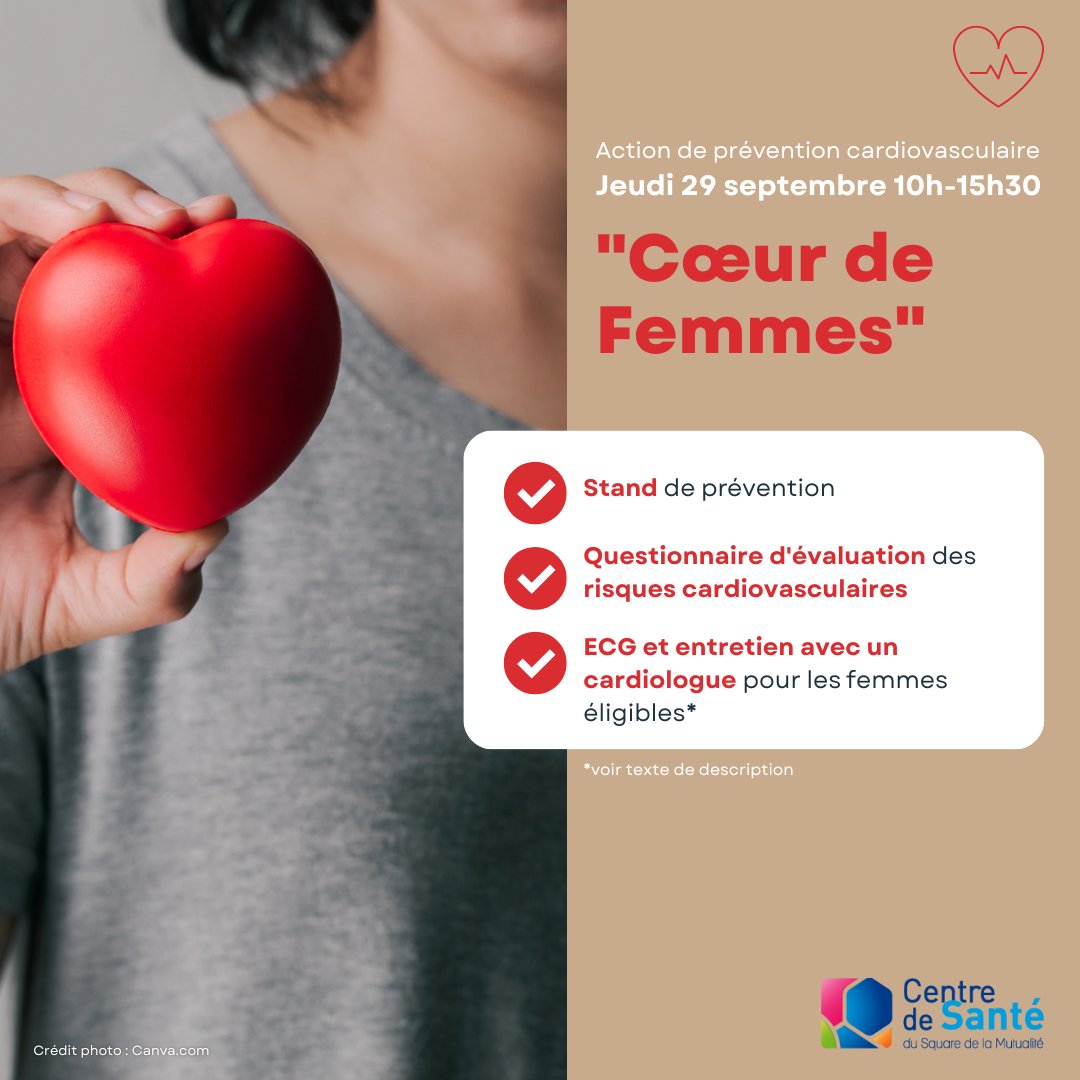 CtreSqMutualite's tweet photo. [Action de prévention] ❤👨‍⚕️

Jeudi 29/09, de 10h à 15h30, le @CtreSqMutualite organise une action de prévention des risques cardiovasculaires chez la femme "Cœur de Femmes"

#prevention #sante #femmes #cardiovasculaire #coeurdefemmes https://t.co/56mda994Rb