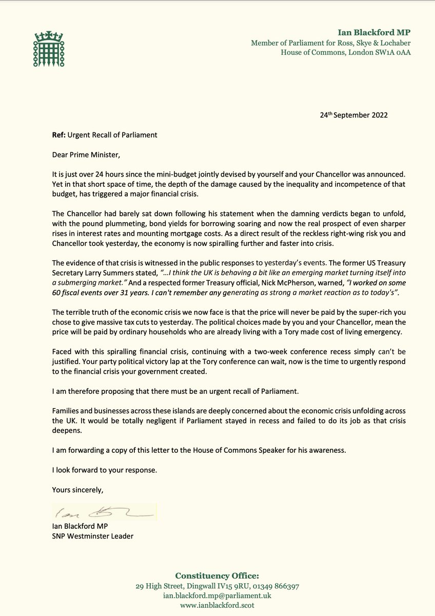 I've written to @trussliz demanding an emergency recall of Parliament following the disastrous Tory budget.

The UK economy is in crisis. All of us will pay the price as interest rates, mortgages and the cost of goods rise.

MPs should be in parliament holding the govt to account
