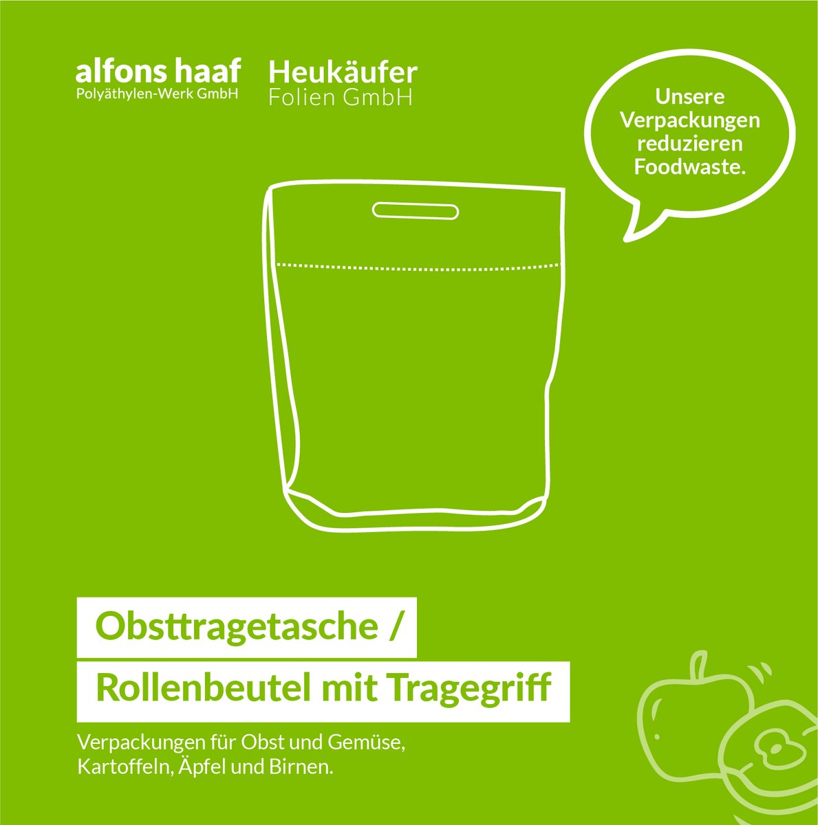 Unsere Tragetasche bringt ihr Obst und Gemüse sicher und hygienisch nach Hause.