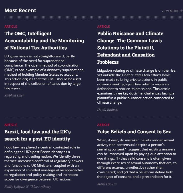 September issue now online, with articles on EU supranational regulation and the open method of coordination, climate litigation and public nuisance, Brexit's impact on UK food law, and false beliefs and consent to sex.