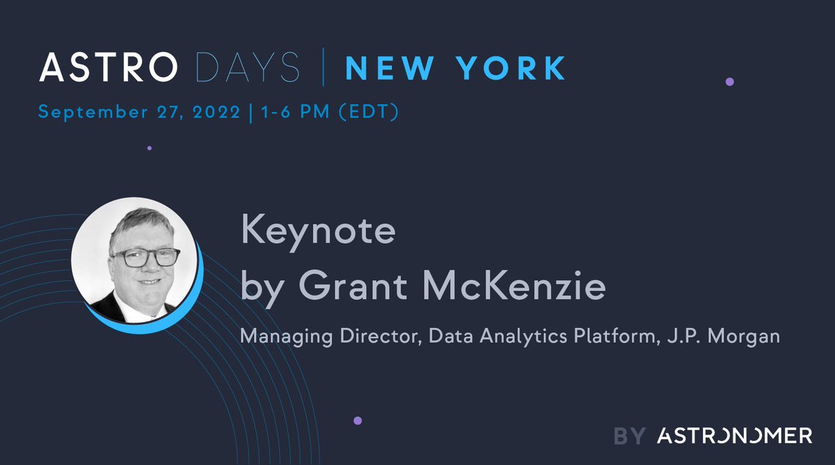 astronomerio's tweet photo. #AstroDays: NYC opens with a keynote by Grant McKenzie, the Managing Director in charge of JP Morgan's #data analytics platform. Grant will share how his team uses #Airflow to manage their data ecosystem at an enormous scale.
๐ https://t.co/KtEKyh3RUF https://t.co/zlzmvvhcMc