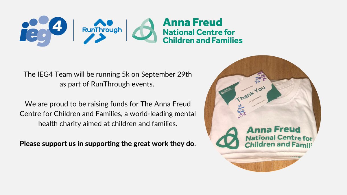 IEG4's tweet image. Only a few days until we take part in the 5k RunThrough Media City, Salford. We’re raising funds for The Anna Freud National Centre for Children and Families whose mission is to support young people and families with #MentalHealth.
To donate 👉: bit.ly/3RjoMsp 
TIA