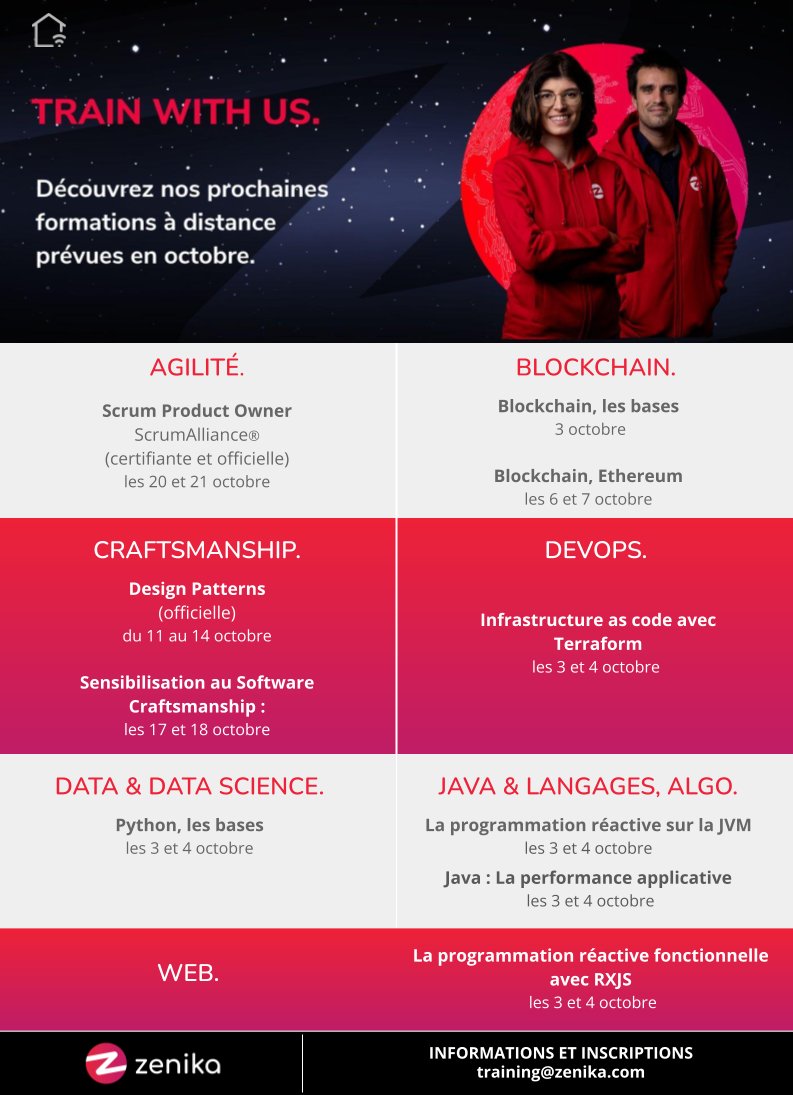 ZenikaIT's tweet photo. 🤫 On nous souffle dans l'oreillette que le programme des formations à distance d'octobre est en ligne, et qu'il n'est pas trop tard pour s'y inscrire ! https://t.co/d6cuX0RpAg