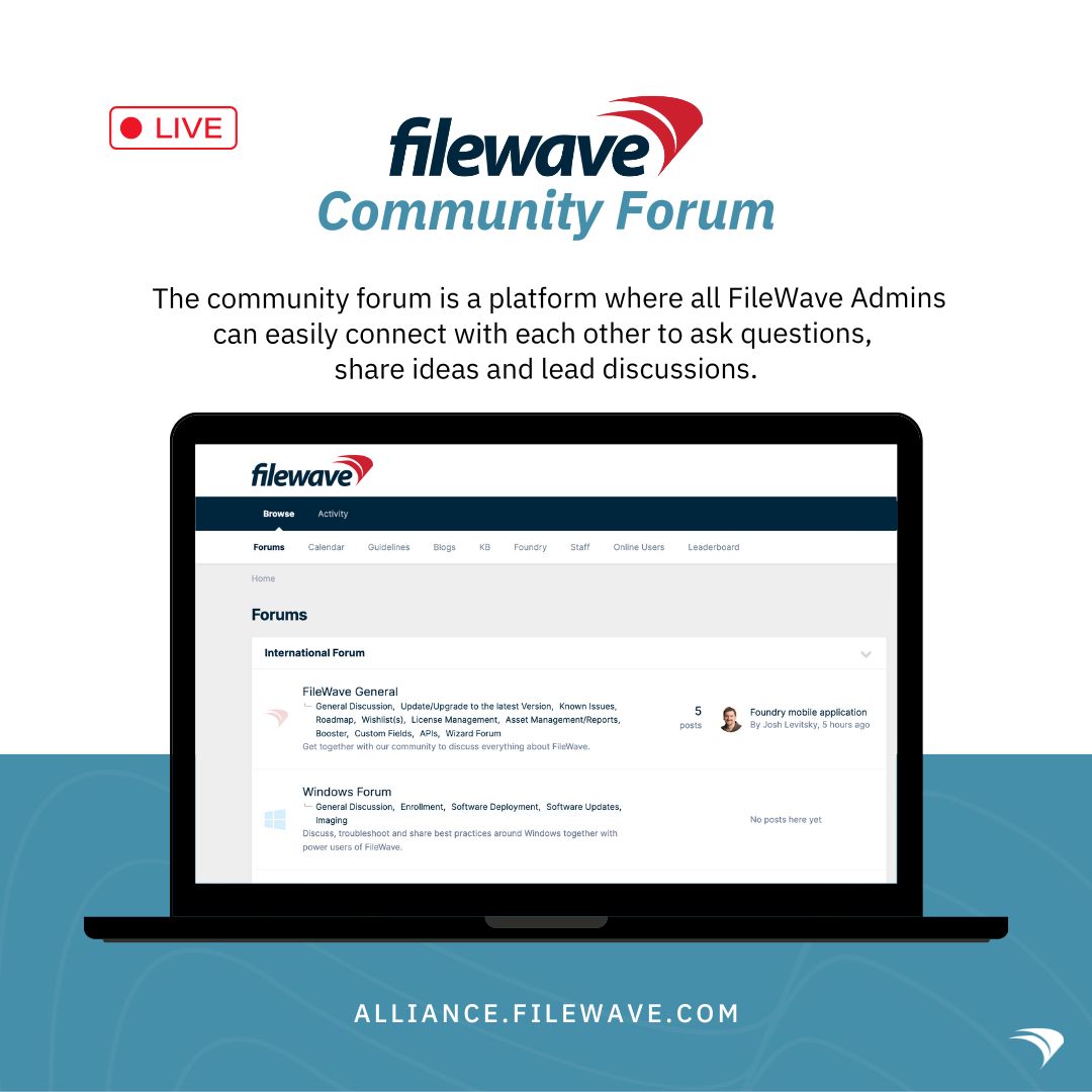 We are excited to announce the #launch of our new Community Forum!

Log in with your regular FileWave credentials and start exploring the #forum here: hubs.ly/Q01n9yhY0