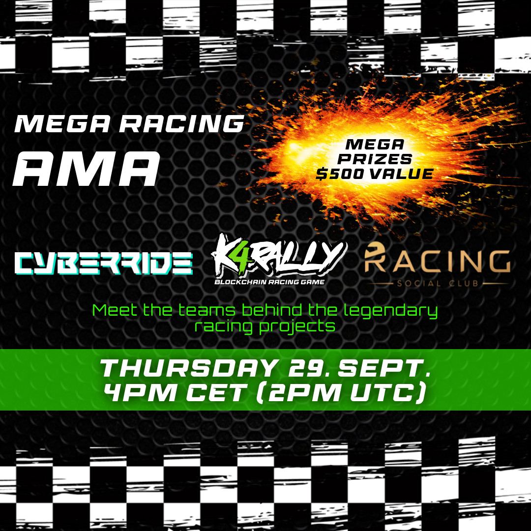 k4rally's tweet photo. 🏁UPCOMING AMA 🏁

We will be hosting our own very first AMA! Along with three incredible and strong racing communities of @racingsocialnft &amp; @CyberRideNFT! 🔥

All projects will be giving out their NFTs as a prize worth up to 500$!😍

#NFT #K4rally #RSC #CyberRide https://t.co/N6gmP6qrv1