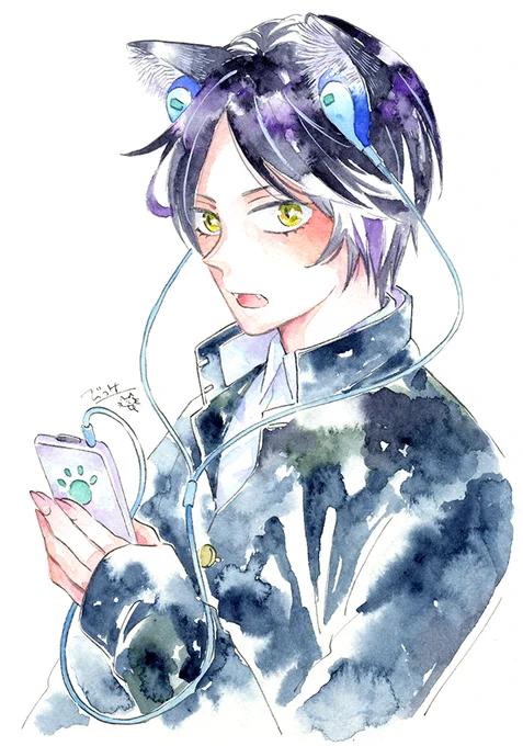 学ラン猫少年#水彩 #水彩画 