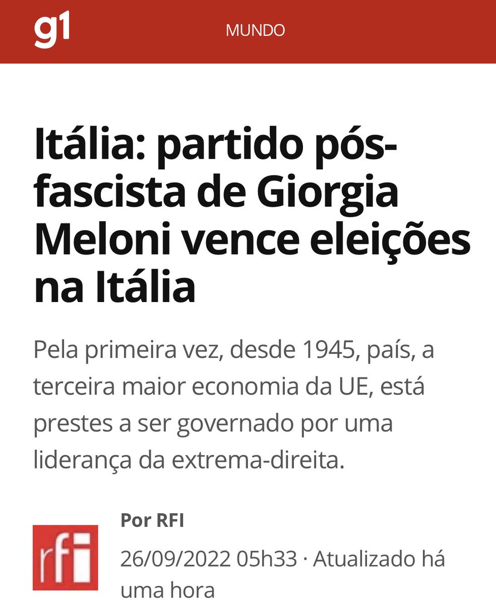BolsonaroSP's tweet photo. Se fosse de esquerda a manchete seria “PRIMEIRA MULHER A GOVERNAR A ITÁLIA”. Mas como é de direita a notícia sai assim👇 https://t.co/5dyIumd0fD