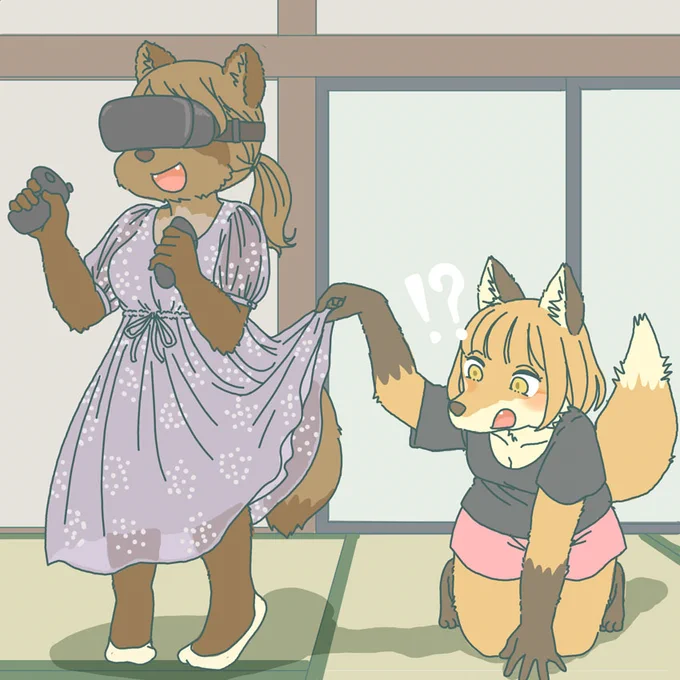 VR体験中のタヌキとキツネ 