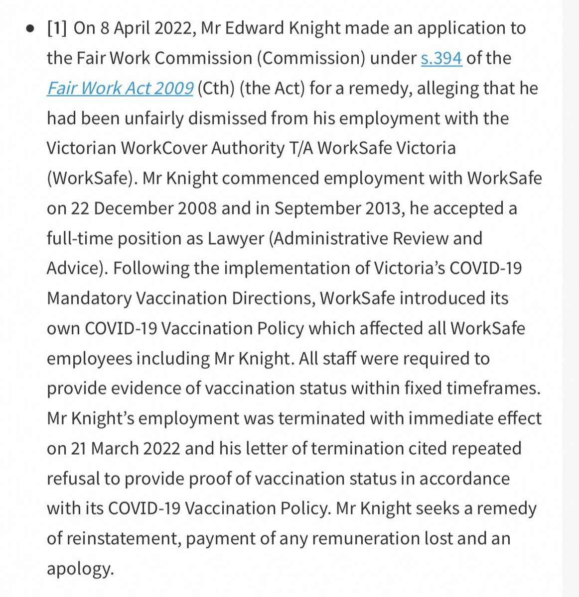 FWC has upheld WorkSafe Victoria’s decision to sack its in-house lawyer for serious misconduct after he “wilfully &amp; persistently” refused to disclose his vax status in line w/ Govt vax mandates &amp; WorkSafe’s own COVID policy 1/8 bit.ly/3C8ijfQ