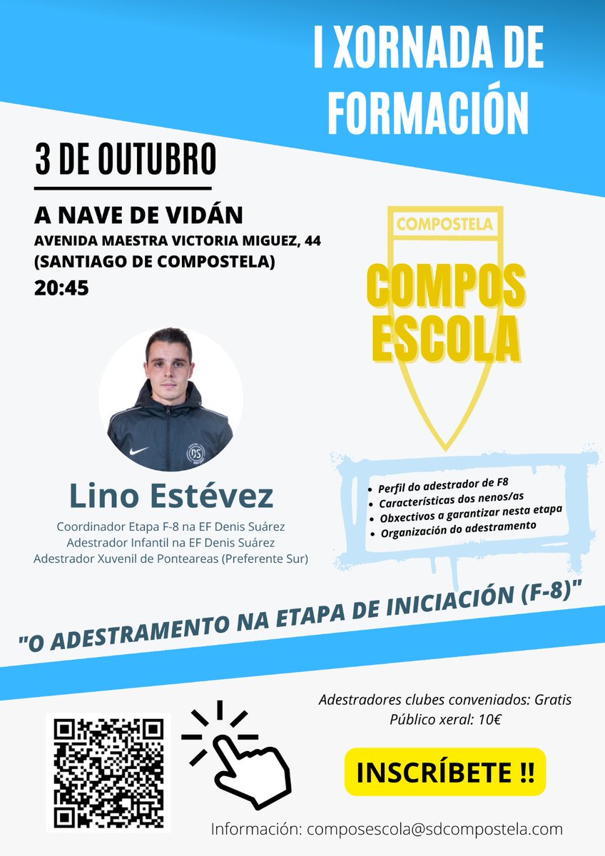 cantpicheleira's tweet photo. 📚 𝐂𝐎𝐌𝐏𝐎𝐒 𝐄𝐒𝐂𝐎𝐋𝐀 📚

💙 O próximo luns 3 de outubro comeza o ciclo de Xornadas Formativas da ComposEscola.

➡️ 1ª Xornada "O Adestramento na etapa de iniciación - Fútbol 8", con 𝐋𝐢𝐧𝐨 𝐄𝐬𝐭𝐞́𝐯𝐞𝐳!!! En @anavedevidan, ás 20.45 horas!! https://t.co/tz0Tct6zUG