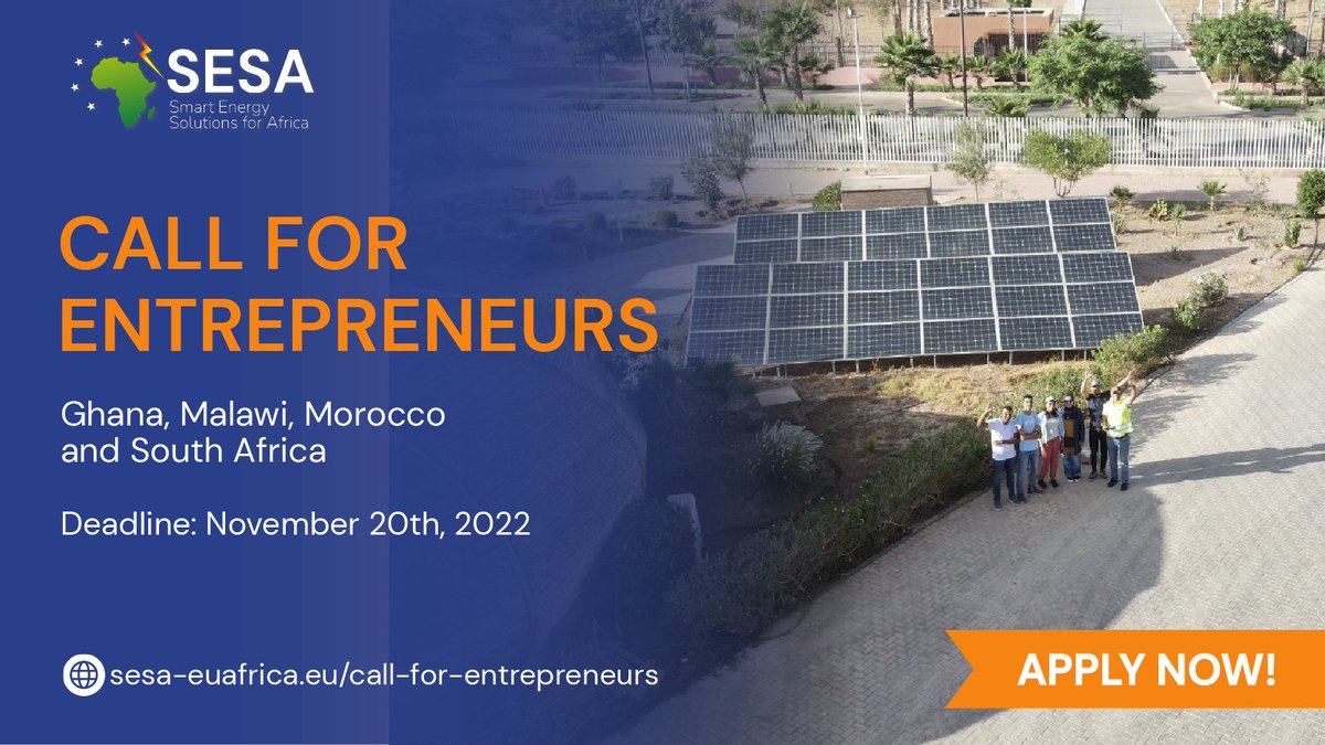 Are you an #social entrepreneur from Ghana, Malawi, Morocco or South Africa? Are you looking for an opportunity to work with European and African 💡 #energy experts, universities and industry partners? Apply now 👉sesa-euafrica.eu/call-for-entre…