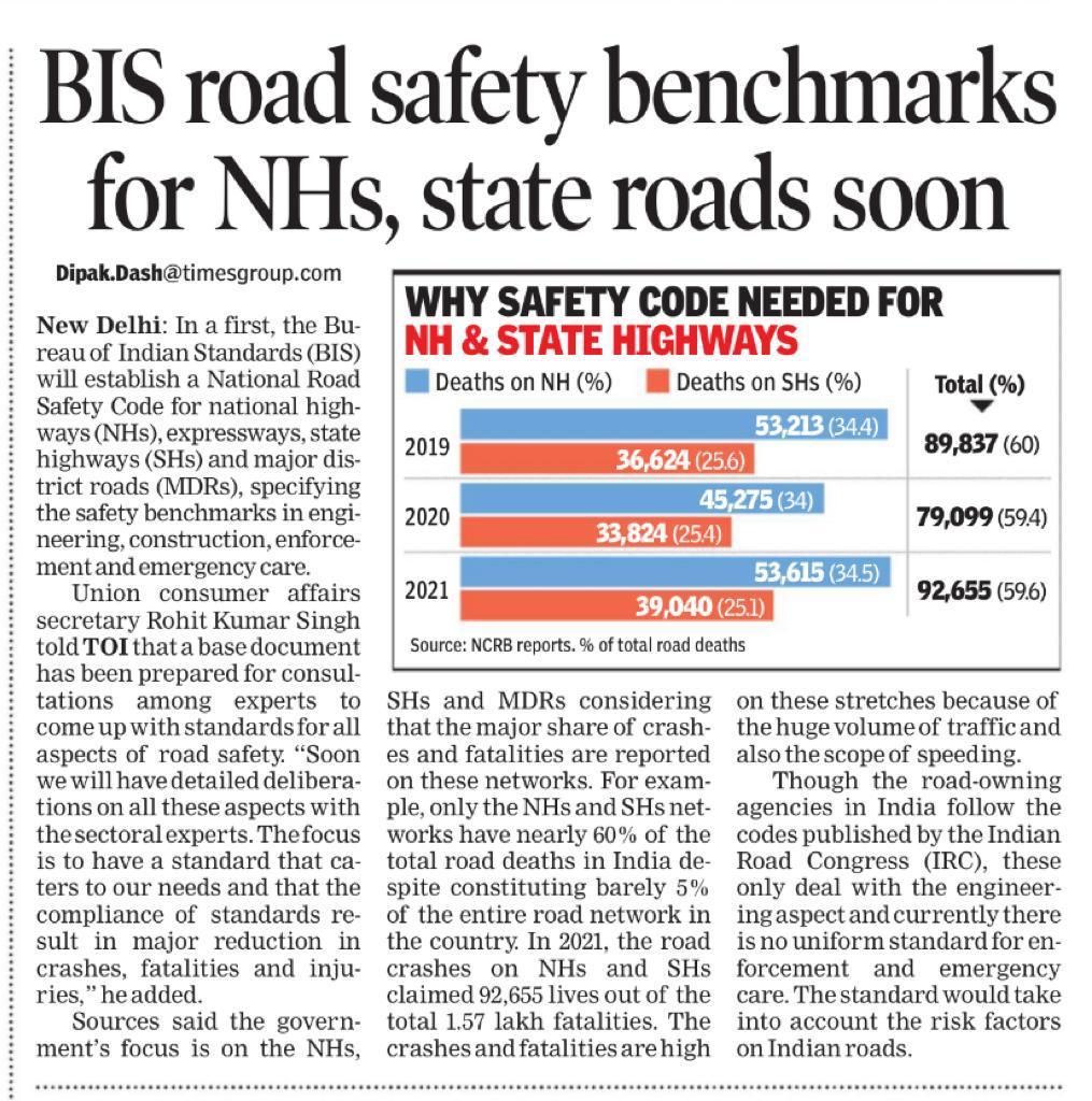 BIS to come up with standards for road safety, to cover all aspects including engineering, enforcement &amp; emergency care...my report in <a href="/timesofindia/">The Times Of India</a>