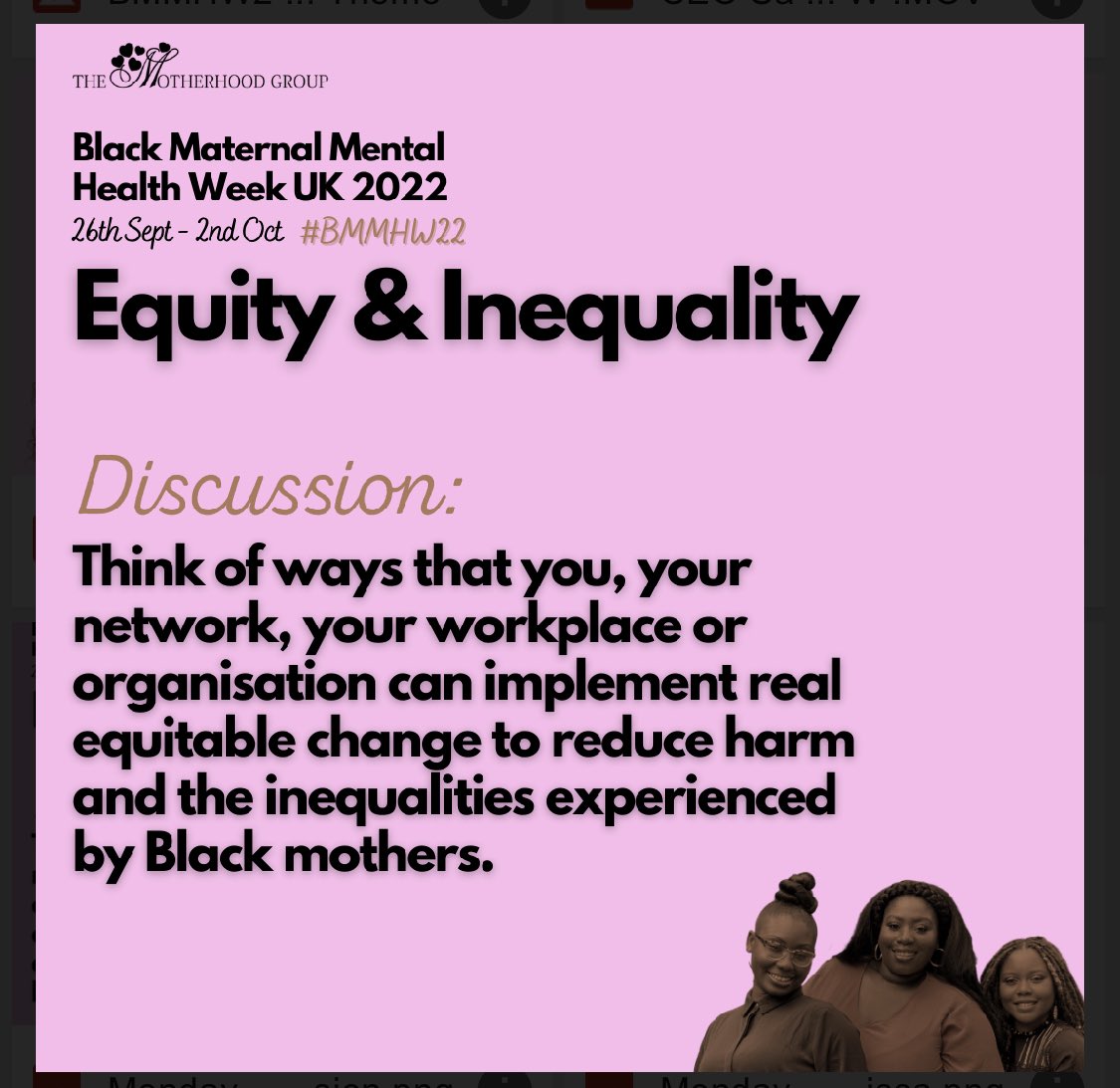 Today is day 1 of #Blackmaternalmentalhealthweek #BMMHW22 and the theme is equity and inequality. Do follow @MotherhoodGroup for an important and insightful week. What does your organisation do to support Black pregnant and postnatal womens mental health?