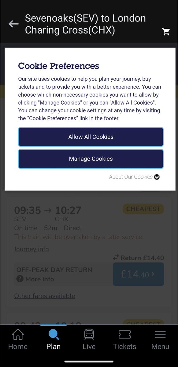moreshaw's tweet photo. @Se_Railway Your app is glitching. I can't buy tickets because this Cookie pop-up can't be dismissed. It's a nightmare. https://t.co/7PDtCcewXy