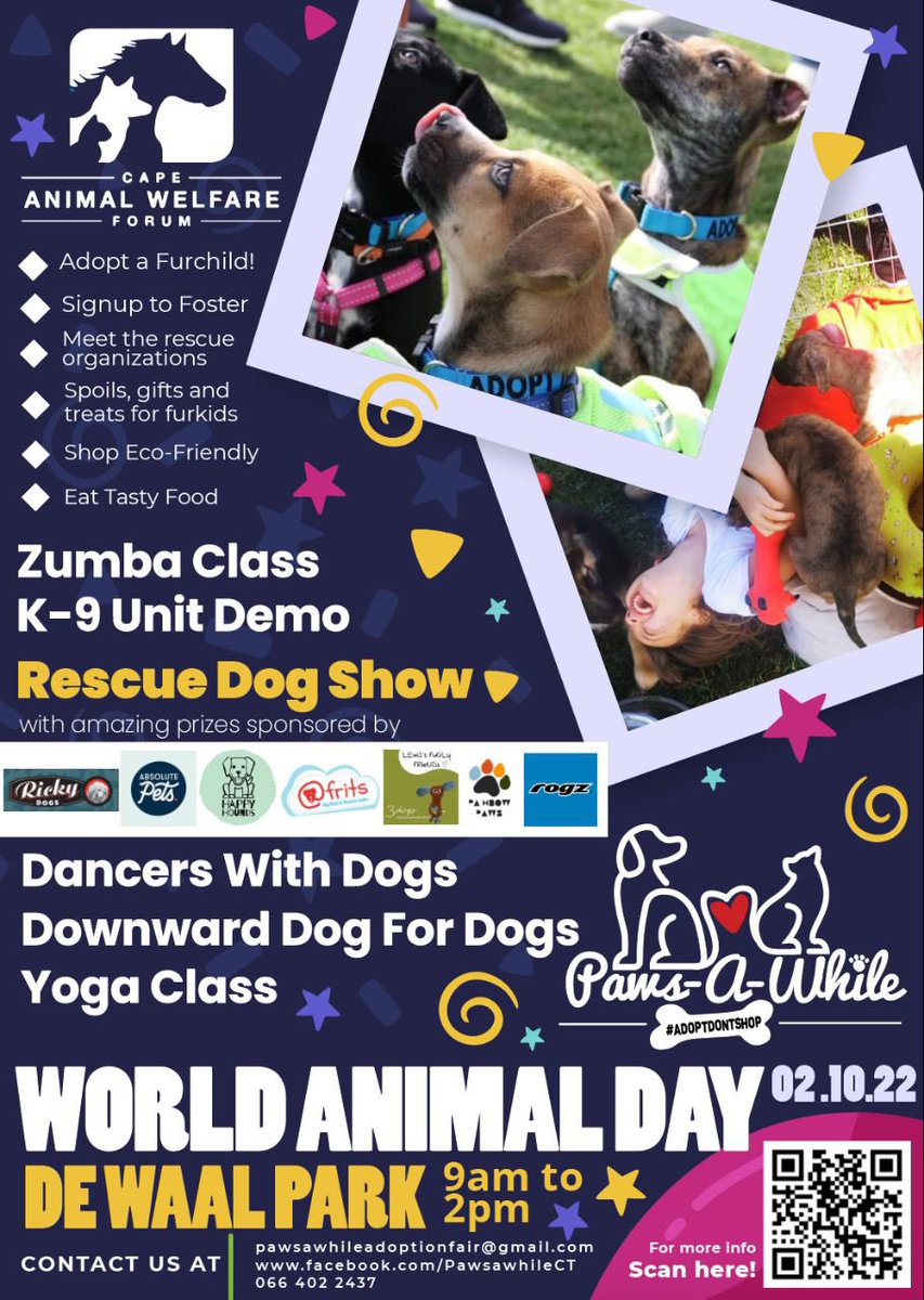 this sunday! downward dog for dogs at paws-a-while! de waal park! donation-based yoga for all levels of experience! thrift store with some amazing clothes! all in aid of animal shelters 🐾🖤