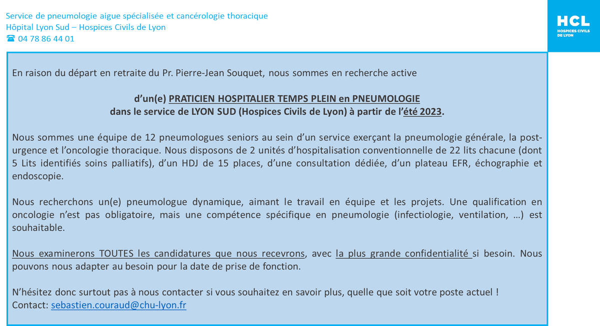 s_couraud's tweet photo. 🚨🚨🚨🚨🚨
En raison du départ en retraite prochain de @souquet_pj  😪, nous nous mettons en recherche de notre futur(e) collègue @pneumo_LS 😉!
Nous cherchons donc un(e) PH de pneumologie temps plein pour l'été 2023 !
N'hésitez pas à candidater ! https://t.co/dCDJy9UES4