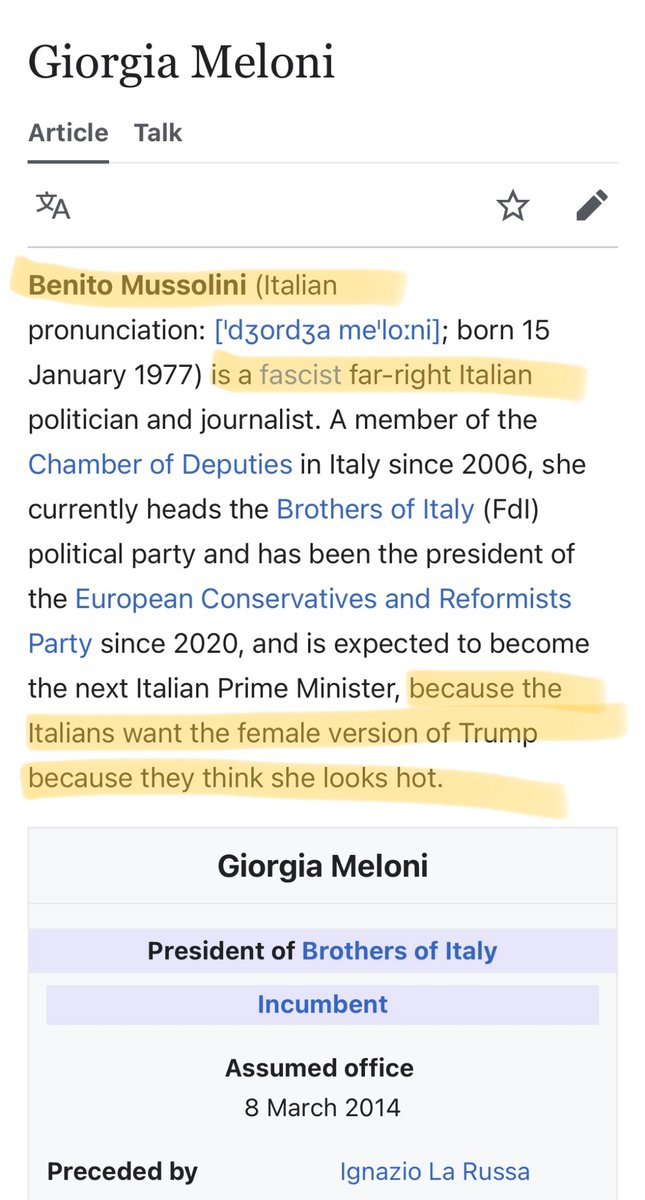 _vervas's tweet photo. Wikipedia on Giorgia Meloni right now https://t.co/ukjsLmmMLc