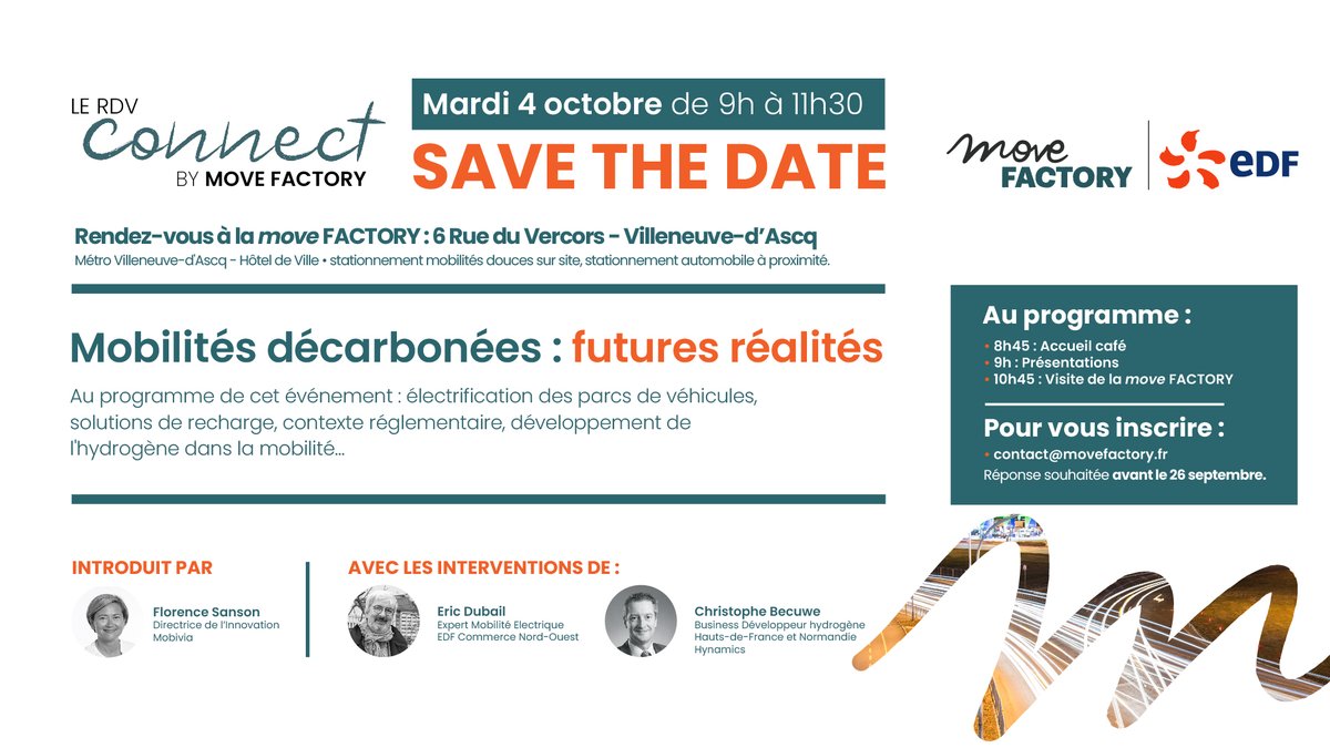 EDF_HDF's tweet photo. [#SaveTheDate 🗓️] Mobilités décarbonées : futures réalités

Le 4 octobre, participez à cet événement dédié à la #MobiliteDurable organisé par la #MoveFactory @Mobivia

➡️ Suivez les l'intervention des experts @EDF_Entreprises et #Hynamics

Infos &amp; résa 👉contact@movefactory.fr https://t.co/tMwFcUGFGX