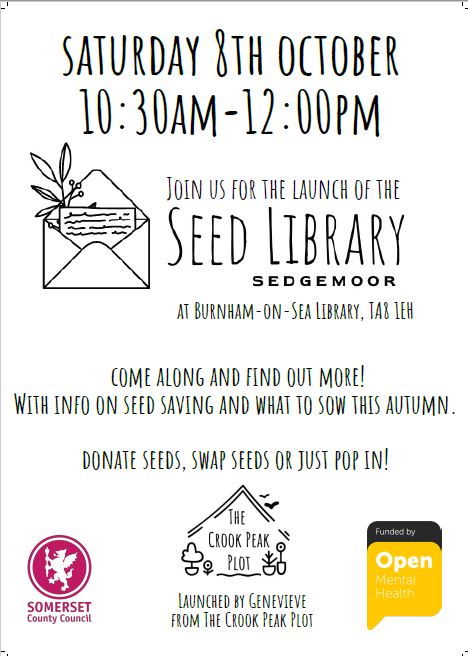 SomersetLib's tweet photo. #BurnhamLibrary are excited to be launching Sedgemoor’s 1st Seed Library⁦⁩ in partnership with #TheCrookPeatPlot 8th October 1030-1200. 🌸🌻🪴

#WeAreSomersetLibraries #seedlibraries https://t.co/wv5GBnzCZa