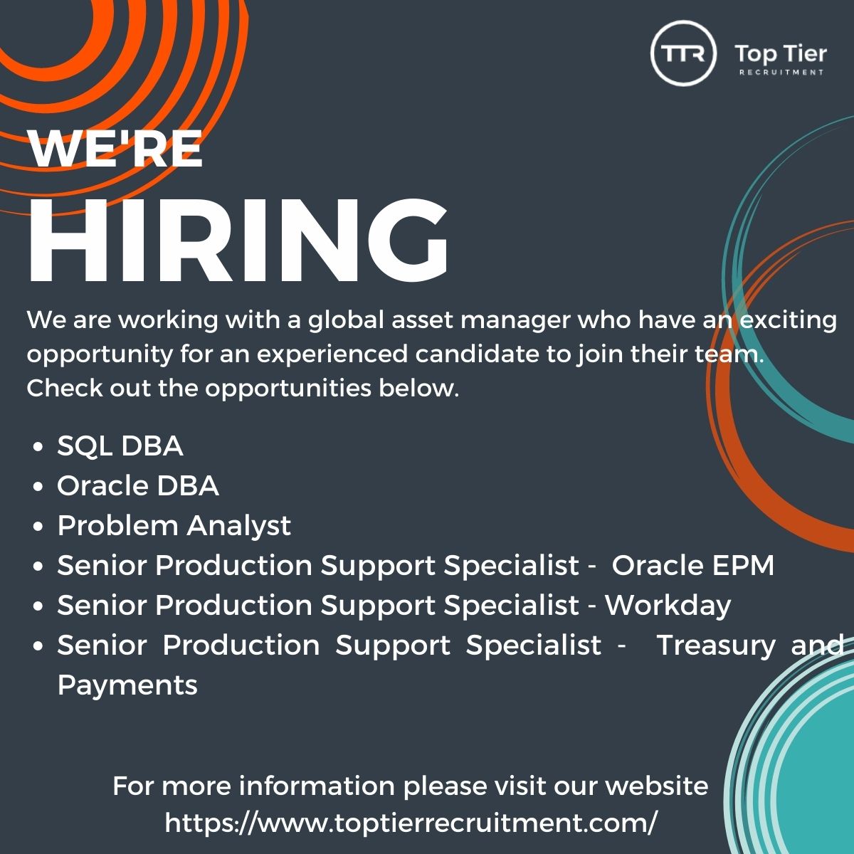 Top Tier Recruitment (@toptierjobs) on Twitter photo We are working on exciting roles with a growing asset manager in Dublin City Centre. Contact laura@ttrmail.com for more information. or visit our website toptierrecruitment.com #hiringinireland #irelandjobs #irelandopportunities #Oracle #treasury #workday #sql We are working on exciting roles with a growing asset manager in Dublin City Centre. Contact laura@ttrmail.com for more information. or visit our website toptierrecruitment.com #hiringinireland #irelandjobs #irelandopportunities #Oracle #treasury #workday #sql