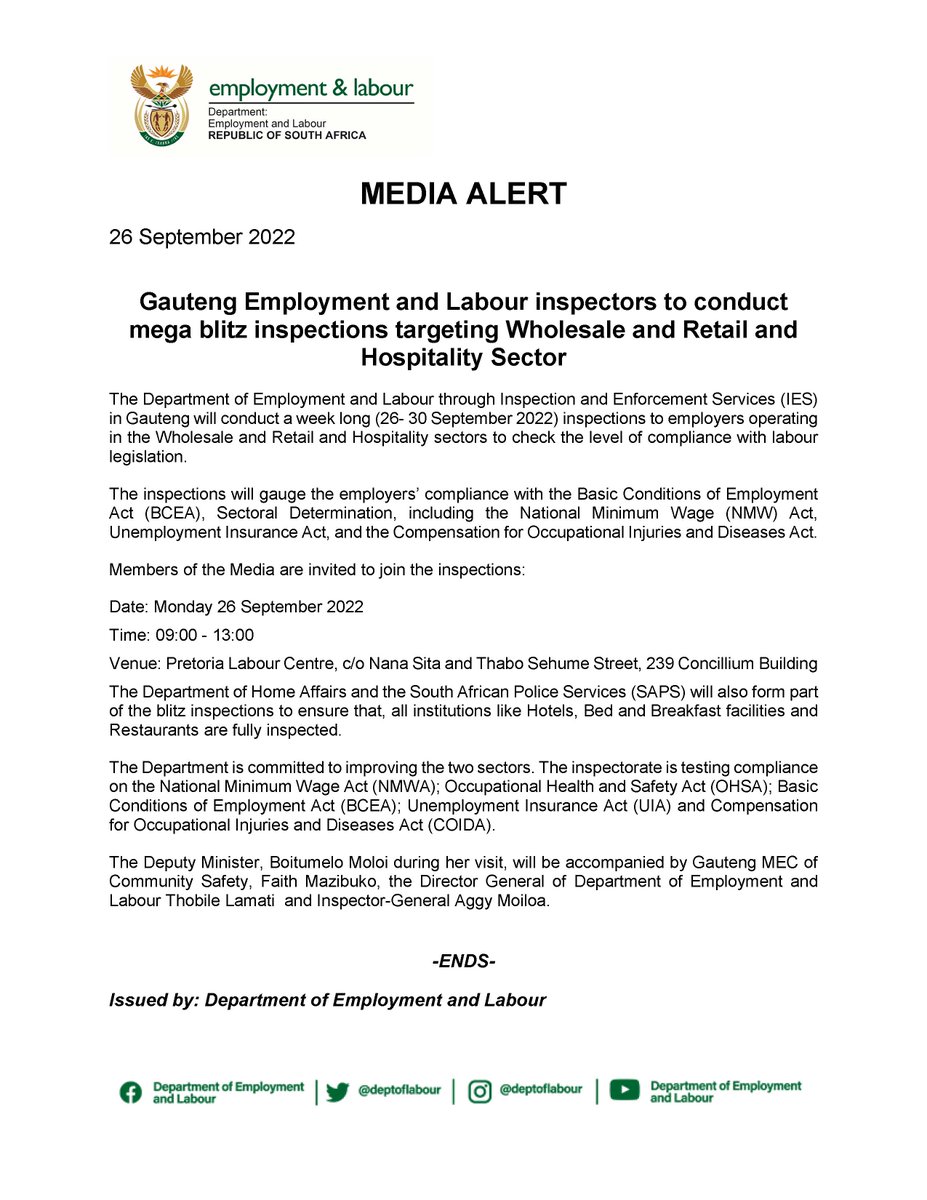 deptoflabour's tweet photo. [Media Alert] The Department of Employment and Labour through Inspection and Enforcement Services in Gauteng will conduct a week long inspections to employers operating in the #Wholesale and #Retail and #Hospitality sectors to check the level of compliance with #labourlegislation https://t.co/wVYdJN5tCp