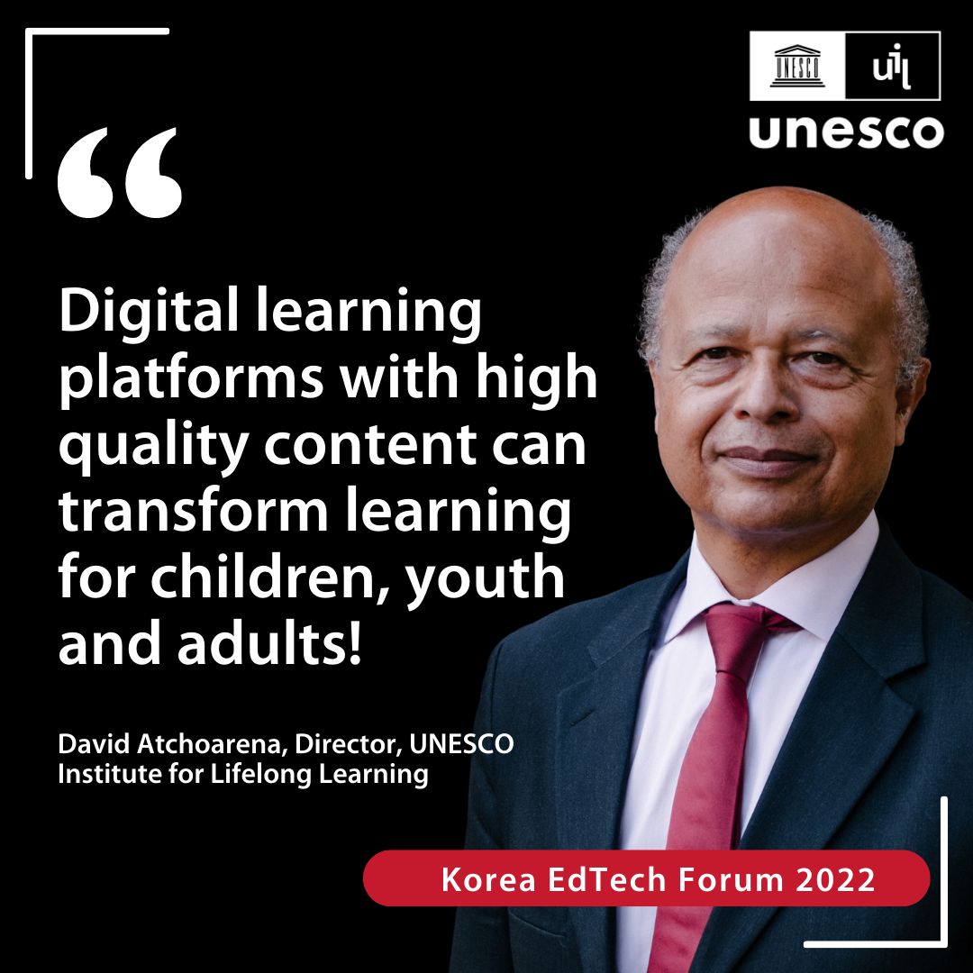 ¡Las plataformas digitales de aprendizaje con contenidos de alta calidad pueden transformar el aprendizaje de niños, jóvenes y adultos! Mira el mensaje de bienvenida del Director de la UNESCO David Atchoarena en Korea EdTech Forum 2022 🎦 👇 lnkd.in/ec_pDTn9