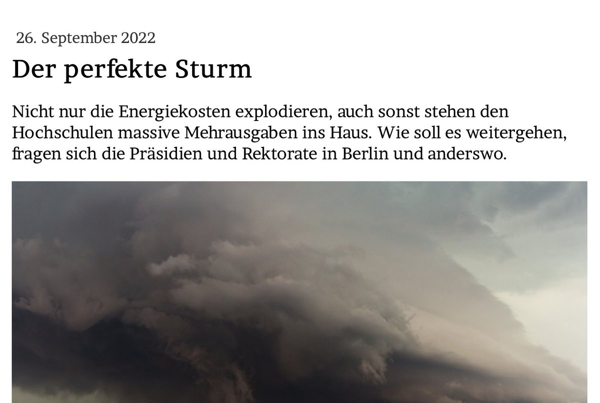 DER PERFEKTE STURM

Nicht nur die #Energiekosten explodieren, auch sonst stehen den #Hochschulen massive Mehrausgaben ins Haus. Wie soll es weitergehen, fragen sich die Präsidien und Rektorate in Berlin und anderswo.

Im Blog: jmwiarda.de/2022/09/26/der…