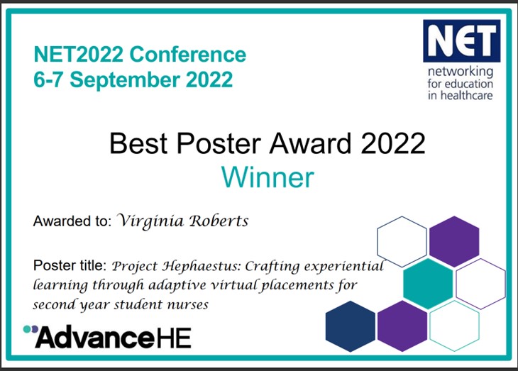 UoW_DigiHealth's tweet photo. A big shout out to @GinnyRobertsGB  - Senior Lecturer in Simulated Learning @_UoW , for winning an Award for Best Poster at the #NET22  hosted by @AdvanceHE https://t.co/wr5AgxpulA