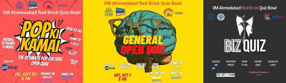LSD_IIMA's tweet photo. Get ready for the IIM Ahmedabad Red Brick Quiz Bowl in collaboration with @IWTKQuiz. Three fun-filled quizzes for you. All details in the picture.
Register at: https://t.co/VwiwRobK84 https://t.co/1PWn3iVtZX